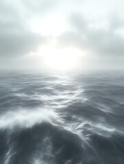 Obraz premium Serene ocean scene with subtle waves and hazy sunlight.