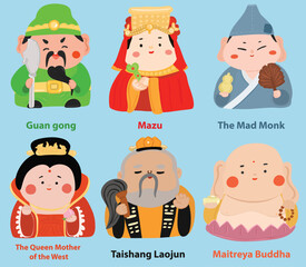 Cartoon character of the gods in Chinese mythology. Maitreya Buddha, Taishang Laojun, The Mad Monk, Jigong, Mazu, Guan gong. Tradition gods of the Chinese