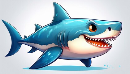 Obraz premium cool cartoon shark with a confident smile sleek design smooth lines vibrant colors well shaped fins no dot on the nose plain white background