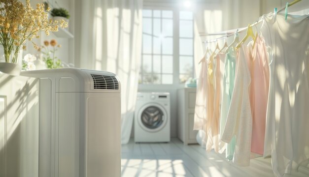 Portable dehumidifier in laundry. A portable dehumidifier sits in a bright laundry room with drying clothes and a washing machine.