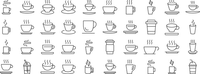 Pack of Beverage Related Line Icons. Cup Outline Signs for Graphic and Web Design, Apps, Adverts, Various Cards