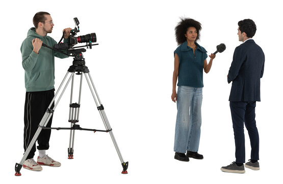Man with a film camera filming a television reporter interviewing a man isolated on white background