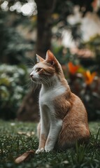Ginger cat sits on grass, outdoors.