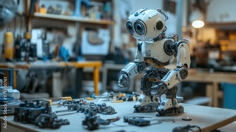 Leinwandbilder A humanoid robot stands amidst various mechanical parts in a workshop setting.