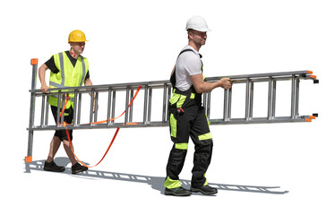 Two workmen with helmets carrying a ladder together isolated on white background © Martin