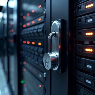 Data Security Lock. Close-up of a padlock on a server rack, symbolizing data security and protection in a data center.