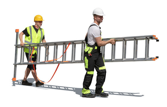 Two workmen with helmets carrying a ladder together isolated on white background