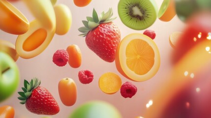Naklejka premium Colorful assortment of floating fruits in an artistic display showcasing freshness and vibrancy