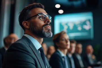 Attendees attentively listen to a speaker during a corporate event in a stylish conference room with a digital display. Generative AI