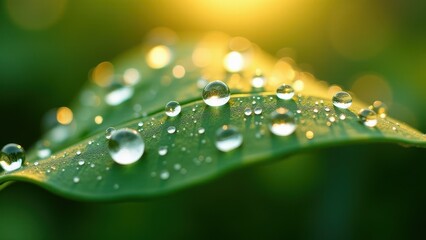 Closeup of Dew Drops on a Leaf Illuminated by Sunlight

