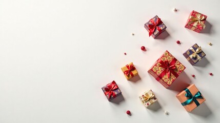 Fototapeta na wymiar A festive arrangement of small gift boxes with red and gold ribbon bows on a white background