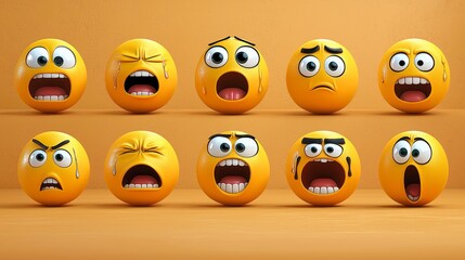 Obraz premium Ten 3D rendered yellow emoticon spheres expressing various emotions anger, fear, sadness, surprise.