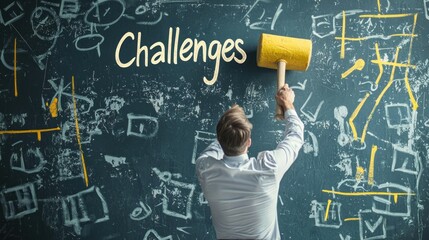 A determined businessperson breaking through a wall labeled "Challenges" with a sledgehammer.