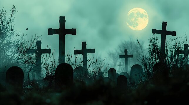 Haunting graveyard scene with crooked weather worn crosses casting eerie shadows in the dim moonlight  Spooky mystical atmosphere with a blurred full moon in the background