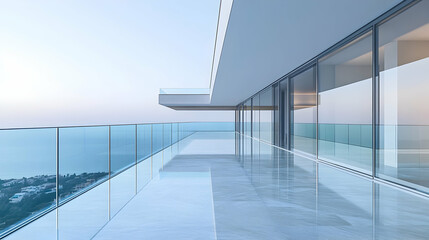 Obraz premium Minimalist balcony with frameless glass railings and polished stone flooring, set against an urban skyline