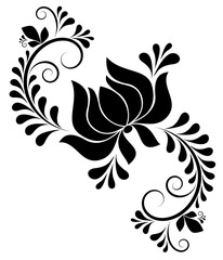 Black pattern with single flower, swirls and leaves on white isolated background. Floral design element