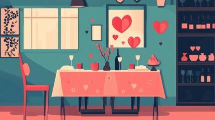 Valentine's Day dinner flat design front view elegant theme cartoon drawing Split-complementary color scheme