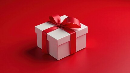 Fototapeta premium A pristine white gift box adorned with a vibrant red ribbon, sitting elegantly on a solid red background.