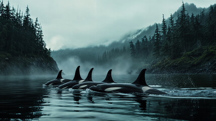 Fototapeta premium Pod of orcas swimming through misty fjord
