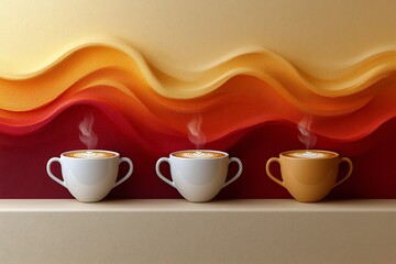 Fototapeta premium Three steaming cappuccino cups on beige surface against abstract orange and red wavy background.