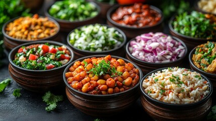 Fototapeta premium Assorted bowls of various colorful, delicious, and healthy food.