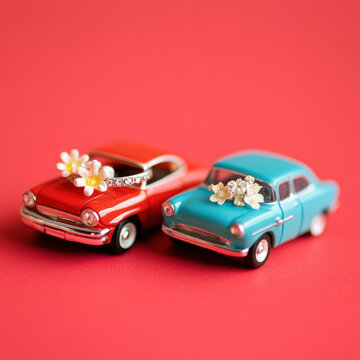 Fototapeta Two vintage toy cars decorated with flowers on red background.