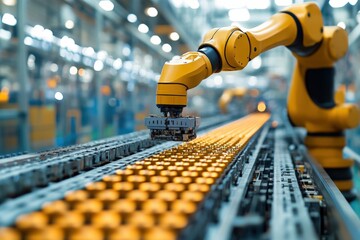 Fototapeta premium A robotic arm picks up items from a conveyor belt in a busy manufacturing facility filled with machinery and tools. Generative AI