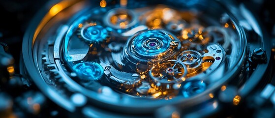 Close-up of intricate watch mechanism, gears, and components.