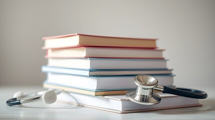 stock photo Stack of medical books, blurred stethoscope. Distinct split composition, soft cinematic haze, 
