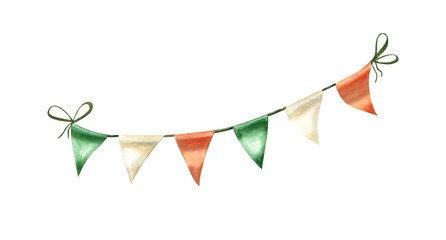 Waving green, orange, white triangular flags on string in the national Irish colors watercolor illustration. Festive classical flag in pennant shape for holiday, party decor, greeting card design