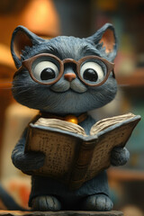 Claymation cat, A gray tabby cat in claymation style, wearing glasses, depicted in a whimsical and artistic manner. Perfect for creative projects and storytelling.