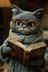 Claymation cat, A claymation gray tabby cat wearing glasses, featured in a whimsical and playful style, perfect for creative projects and illustrations.