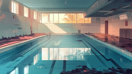 Fototapeta premium Abandoned Indoor Swimming Pool Sunlit Autumn Day