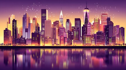 Night Skyline Cityscape Illuminated Buildings Reflecting Water