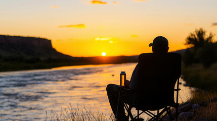 Obraz premium Peaceful Sunset by the Riverside with a Fisherman Relaxing on a Chair