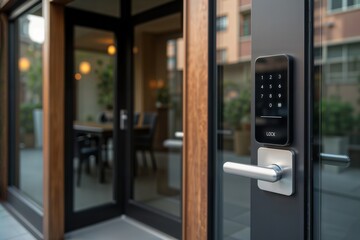 Secure keypad. A modern, sleek smart door lock with a keypad, installed on a glass door leading to a stylish interior.