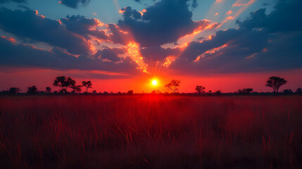 Vibrant sunset over African savanna grassland.