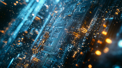 Abstract Digital Circuit Matrix with Light Trails - Futuristic Technology Network Background in Blue and Gold