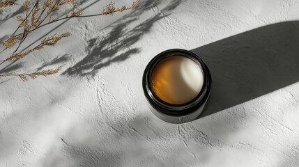 Obraz premium A jar of cream sits on a textured surface, with soft shadows and dried foliage nearby.