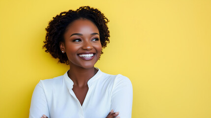 A Portrait of Confident Professional Woman Smiling Against Yellow Background