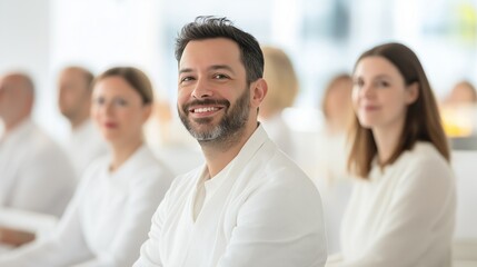 Obraz premium Smiling people men and women in white medical suits attending workshop, medicine conference