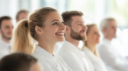 Obraz premium Smiling people men and women in white medical suits attending workshop, medicine conference