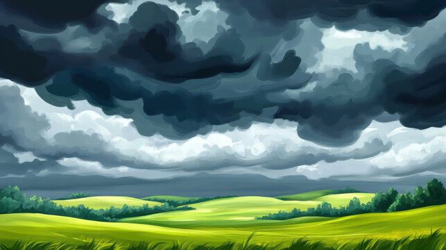 stormy landscape features dark clouds looming over rolling green hills, creating dramatic and moody atmosphere. contrast between vibrant fields and ominous sky evokes sense of nature power
