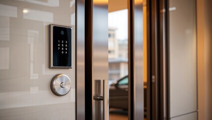 Smart Door Lock. A modern, sleek smart door lock with a keypad and fingerprint scanner, installed on a white door.