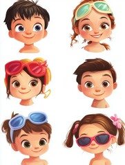 Collection of playful children wearing colorful goggles expressing joy and excitement for summer activities