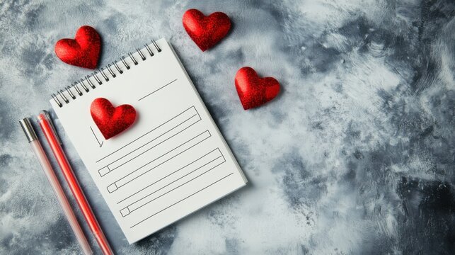 Heart-themed notepad and pens on textured background for romantic notes or planning special occasions