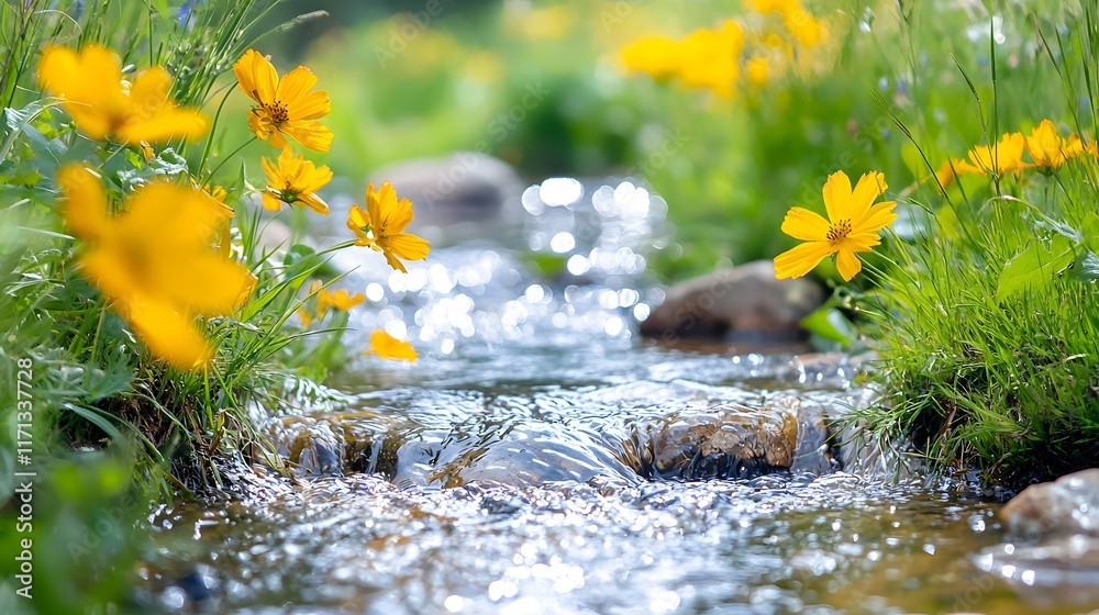 Fototapete a crystal clear brook gently flowing and winding its way through a vibrant and colorful flower field