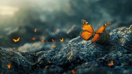 A butterfly emerging from its cocoon in a rugged environment, symbolizing transformation and growth.
