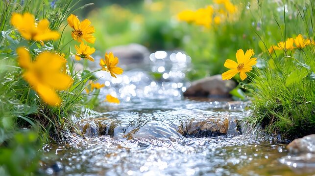 A crystal clear brook gently flowing and winding its way through a vibrant and colorful flower field with the sunlight sparkling and shimmering on the surface of the water