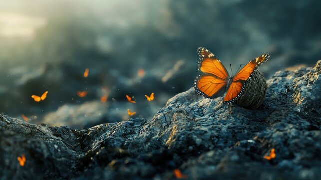 A butterfly emerging from its cocoon in a rugged environment, symbolizing transformation and growth.